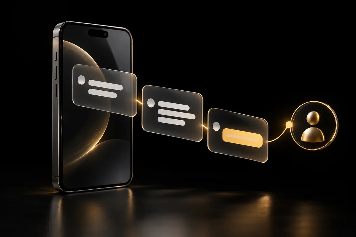 Graphite smartphone connected to conversation panels and a human handoff